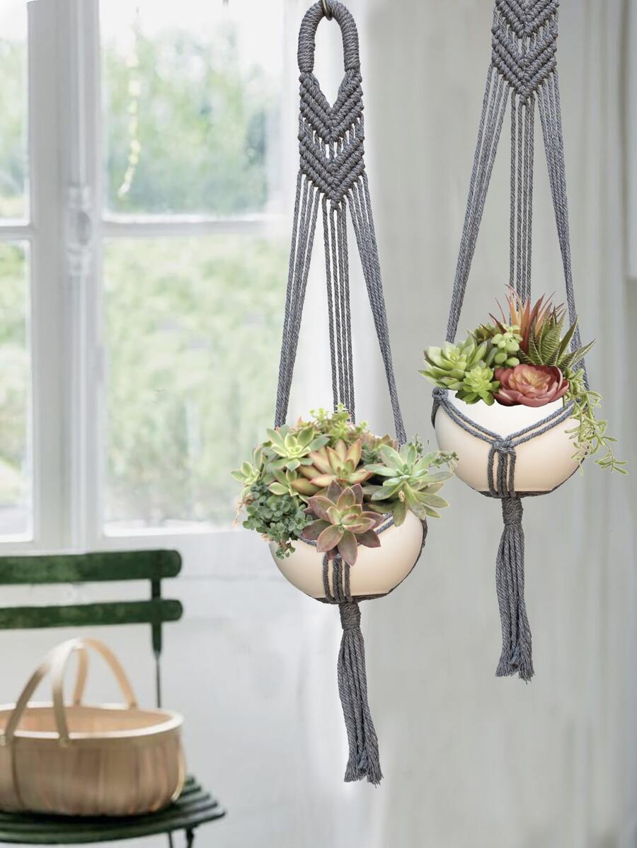 1pc Braided Detail Plant Hanger Without Flowerpot - Grey - View 1