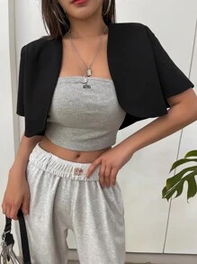 DAZY 1件純色開衩立領短夾克 - 黑色 - 查看 3