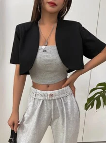 DAZY 1件純色開衩立領短夾克 - 黑色 - 查看 4