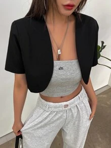 DAZY 1件純色開衩立領短夾克 - 黑色 - 查看 5