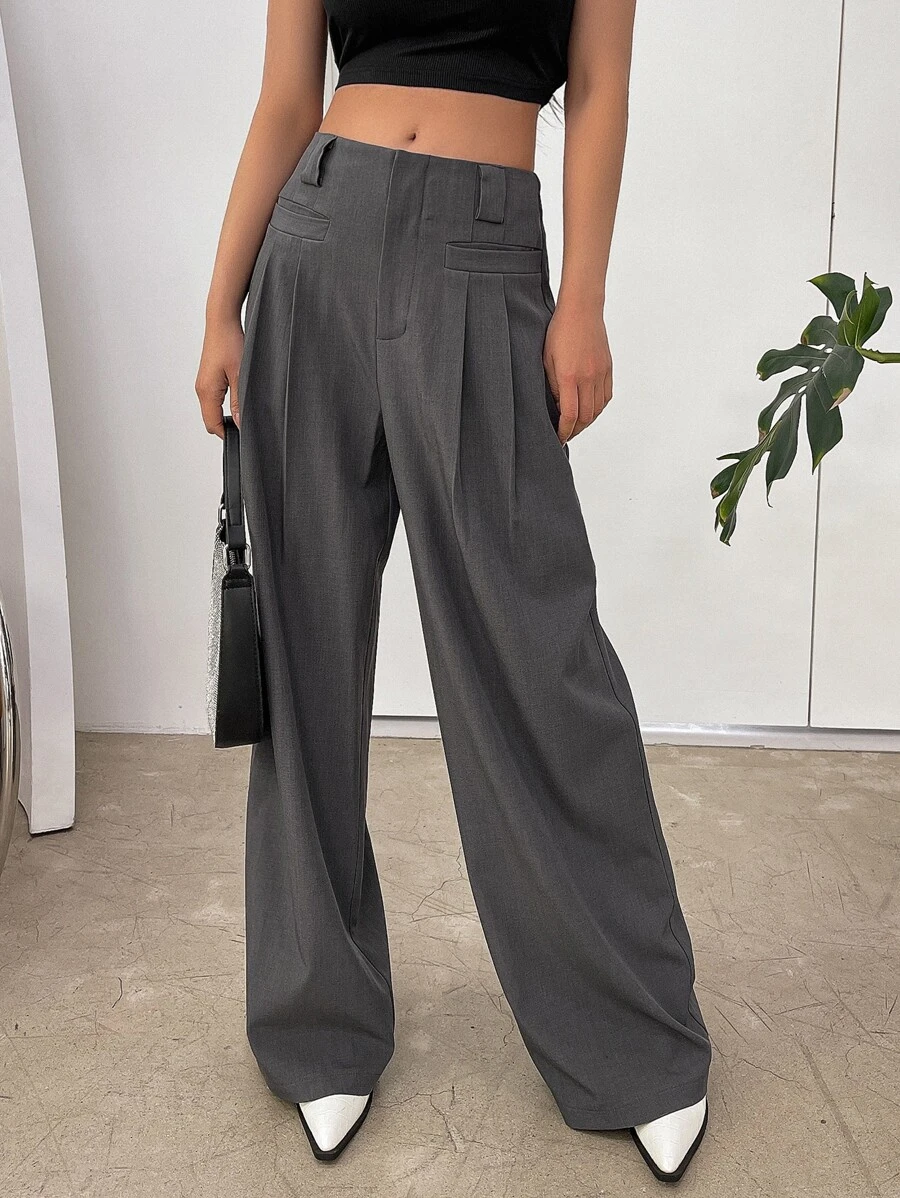 DAZY Zip Fly Plicated Detail Suit Trousers - Grey - View 1