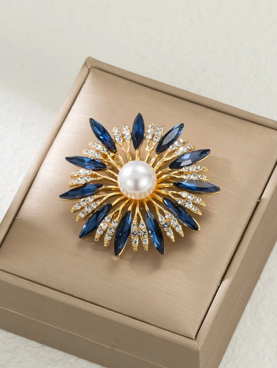 Rhinestone & Faux Pearl Decor Brooch - Blue - View 1