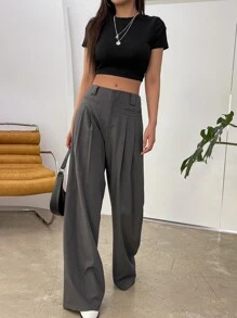 DAZY Zip Fly Plicated Detail Suit Trousers - Grey - View 4