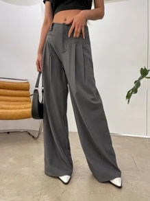 DAZY Zip Fly Plicated Detail Suit Trousers - Grey - View 5