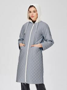 ZIAI Zip Up Hooded Quilted Coat - Dusty Blue - View 3