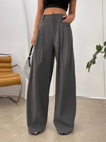 DAZY Zip Fly Plicated Detail Suit Trousers - Grey - View 6