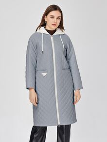 ZIAI Zip Up Hooded Quilted Coat - Dusty Blue - View 5