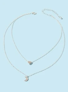Rhinestone Moon & Heart Charm Layered Necklace - Silver - View 2