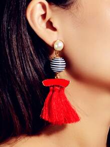 Ball & Tassel Drop Earrings - Red - View 2