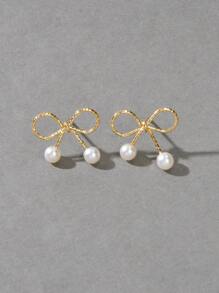 人造珍珠裝飾蝴蝶結耳釘 - 金黃色 - 查看 1