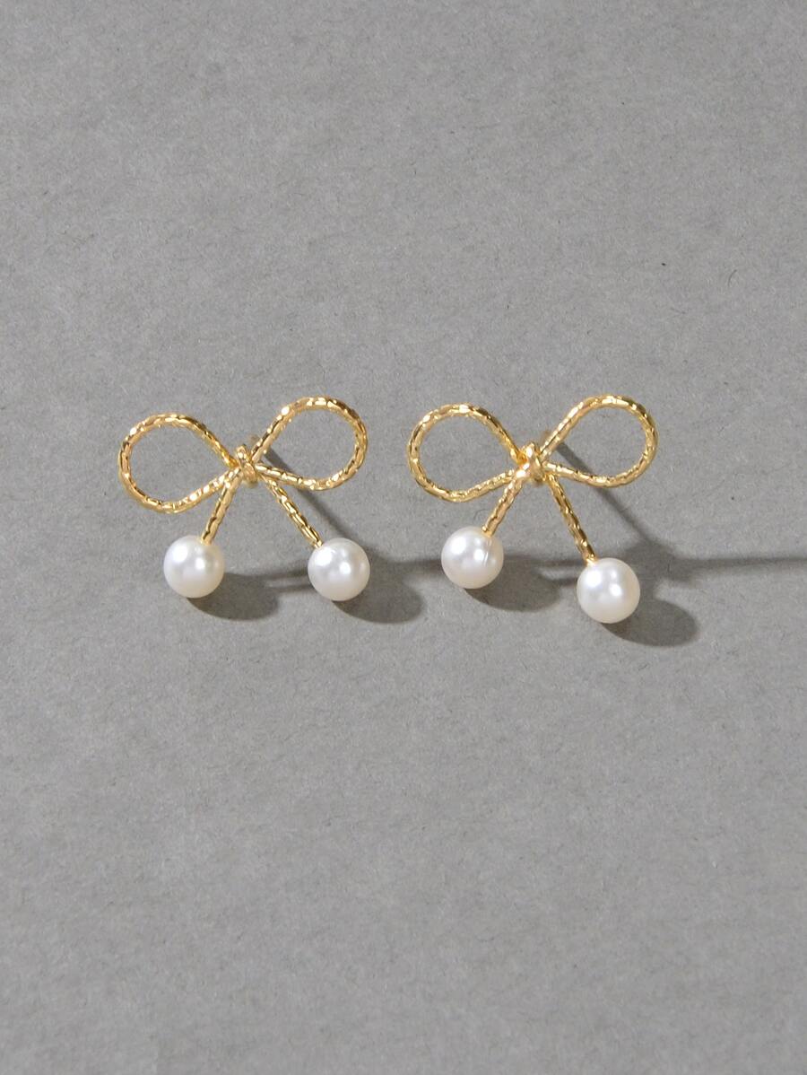 人造珍珠裝飾蝴蝶結耳釘 - 金黃色 - 查看 1