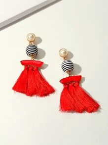 Ball & Tassel Drop Earrings - Red - View 3