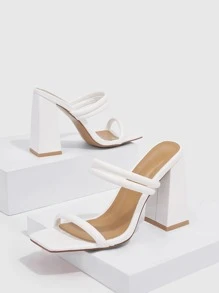 女士極簡粗跟穆勒優雅夏天高跟涼鞋 - 白色 - 查看 5