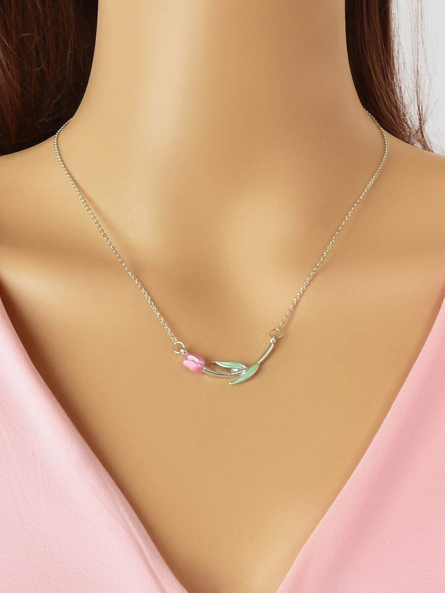 花朵掛飾項鍊 - 銀色 - 查看 1