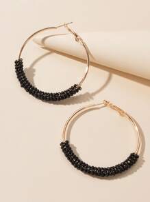 珠子裝飾圓耳環 - 黑色 - 查看 1