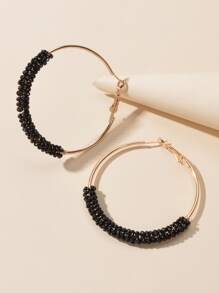 珠子裝飾圓耳環 - 黑色 - 查看 4