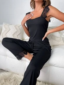 对比色蕾丝吊带上衣和裤子睡衣套装/睡衣套装 - 黑色 - 查看 4