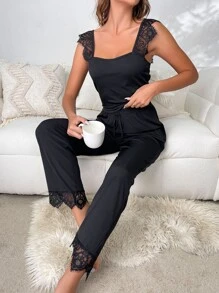 对比色蕾丝吊带上衣和裤子睡衣套装/睡衣套装 - 黑色 - 查看 5