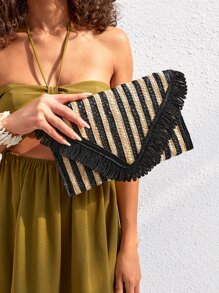 SHEIN VCAY Striped Pattern Fringe Trim Straw Bag - Multicolor - View 1