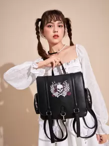 ROMWE Goth 骷髏和翅膀圖案翻蓋背包 - 黑色 - 查看 3