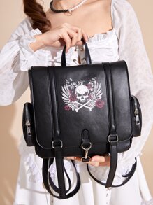 ROMWE Goth 骷髏和翅膀圖案翻蓋背包 - 黑色 - 查看 2