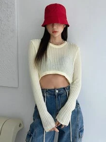 DAZY Jersey crop tejido de canalé - Beis - Ver 3