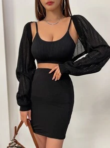 DAZY 1pc Pointelle Knit Raglan Sleeve Cardigan - Black - View 6