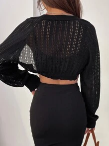 DAZY 1pc Pointelle Knit Raglan Sleeve Cardigan - Black - View 2