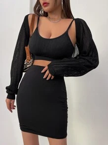 DAZY 1pc Pointelle Knit Raglan Sleeve Cardigan - Black - View 5