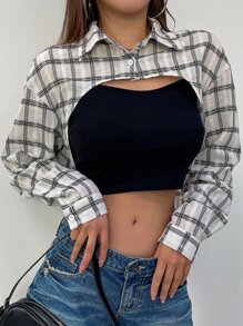 DAZY 格紋印花落肩袖超短版襯衫不附吊帶上衣 - 黑與白 - 查看 1