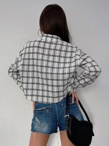 DAZY 格紋印花落肩袖超短版襯衫不附吊帶上衣 - 黑與白 - 查看 2