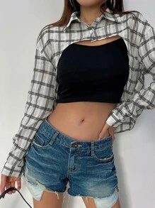 DAZY 格紋印花落肩袖超短版襯衫不附吊帶上衣 - 黑與白 - 查看 7