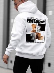 Manfinity Men Bear & Slogan Graphic Drawstring Hoodie - White - View 1