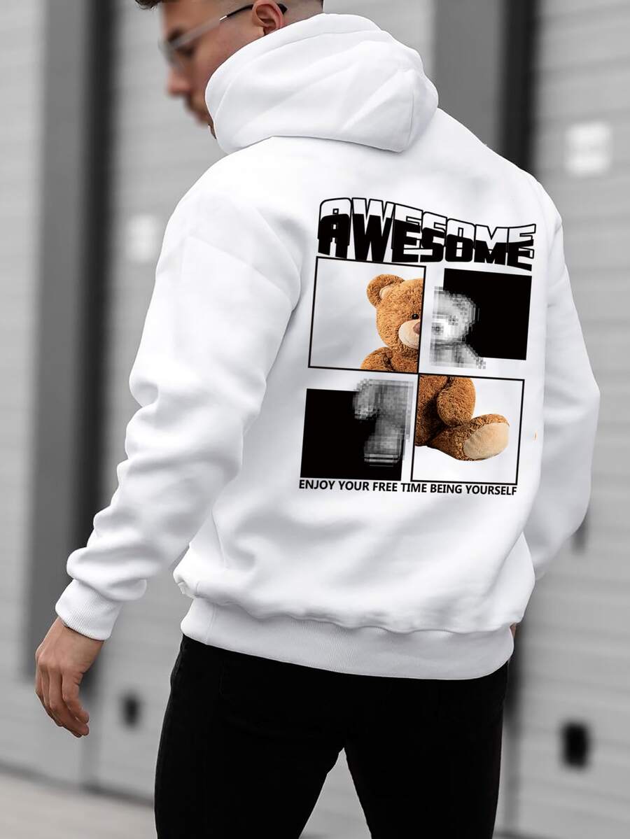 Manfinity Men Bear & Slogan Graphic Drawstring Hoodie - White - View 1