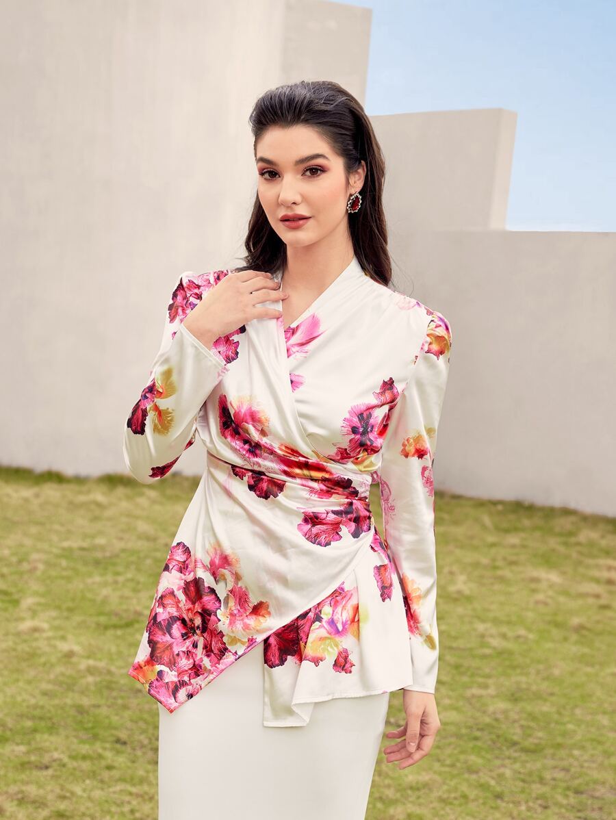 Modelyn Floral Print Wrap Tie Back Blouse - Multicolor - View 1