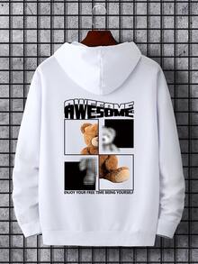 Manfinity Men Bear & Slogan Graphic Drawstring Hoodie - White - View 3