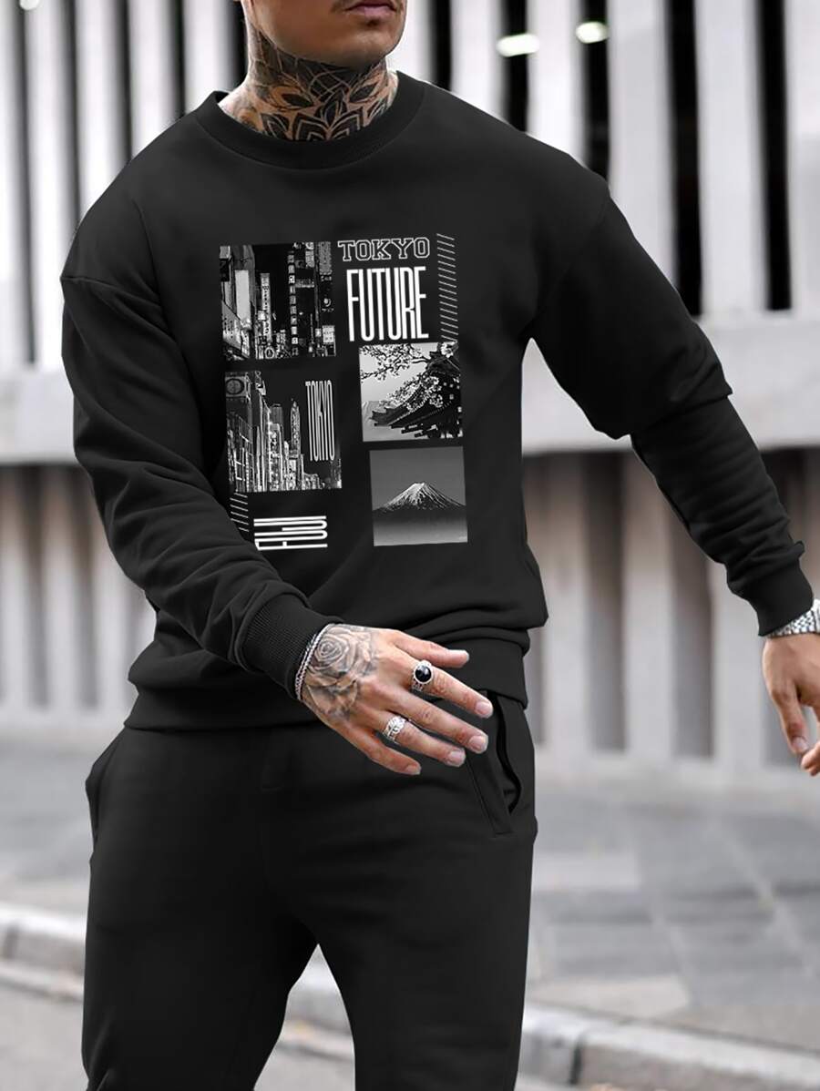 Manfinity Homme Men Letter & Building Print Sweatshirt