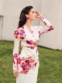 Modelyn Floral Print Wrap Tie Back Blouse - Multicolor - View 3