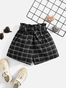 SHEIN 女孩紙袋腰腰帶格紋短褲
