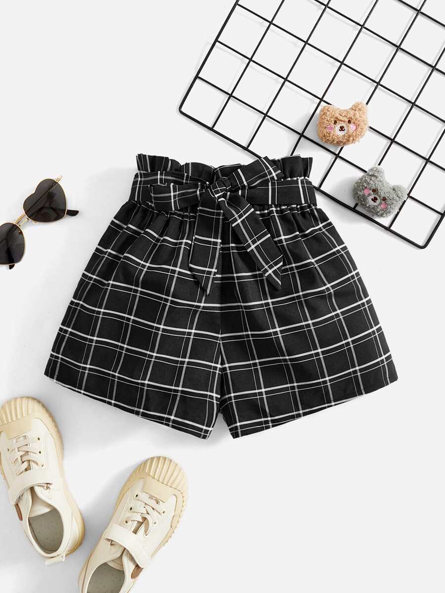 SHEIN 女孩紙袋腰腰帶格紋短褲