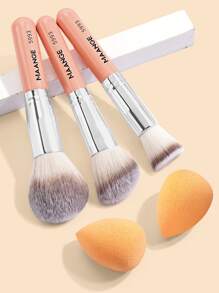 Juego de 3 brochas de maquillaje y 2 esponjas de maquillaje MAANGE, brocha de base, brocha de contorno, herramientas de maquillaje con fibra suave para un fácil transporte, brocha para viajes, juego de brochas, kit de brochas de maquillaje, juego de maquillaje completo, set de brochas de maquillaje, kit de maquillaje completo, kit de brochas, set de brochas de maquillaje, set de regalo de maquillaje, set - Rosa - Ver 2