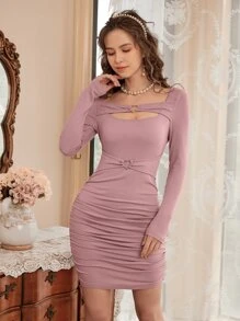 SHEIN MOD Vestido ajustado vinculado con aro con abertura delantera fruncido - Rosa vieja - Ver 1