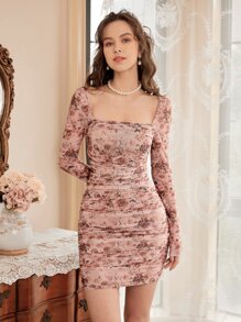 SHEIN MOD Floral Print Ruched Bodycon Dress - Multicolor - View 1