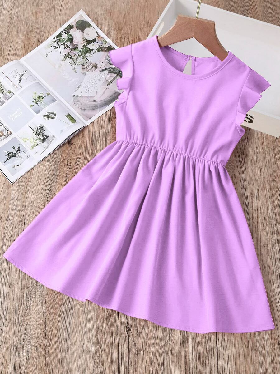 Niñitas Vestido ribete con fruncido de espalda con abertura de ojo - Morado - Ver 1
