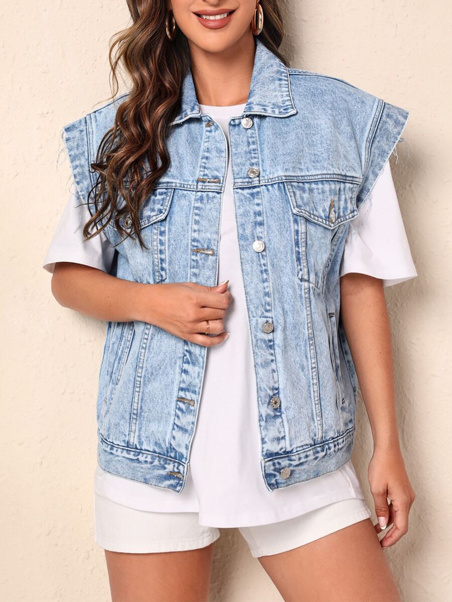 SHEIN Frenchy Cazadora mezclilla chaleco con bolsillo con solapa - Lavado ligero - Ver 1