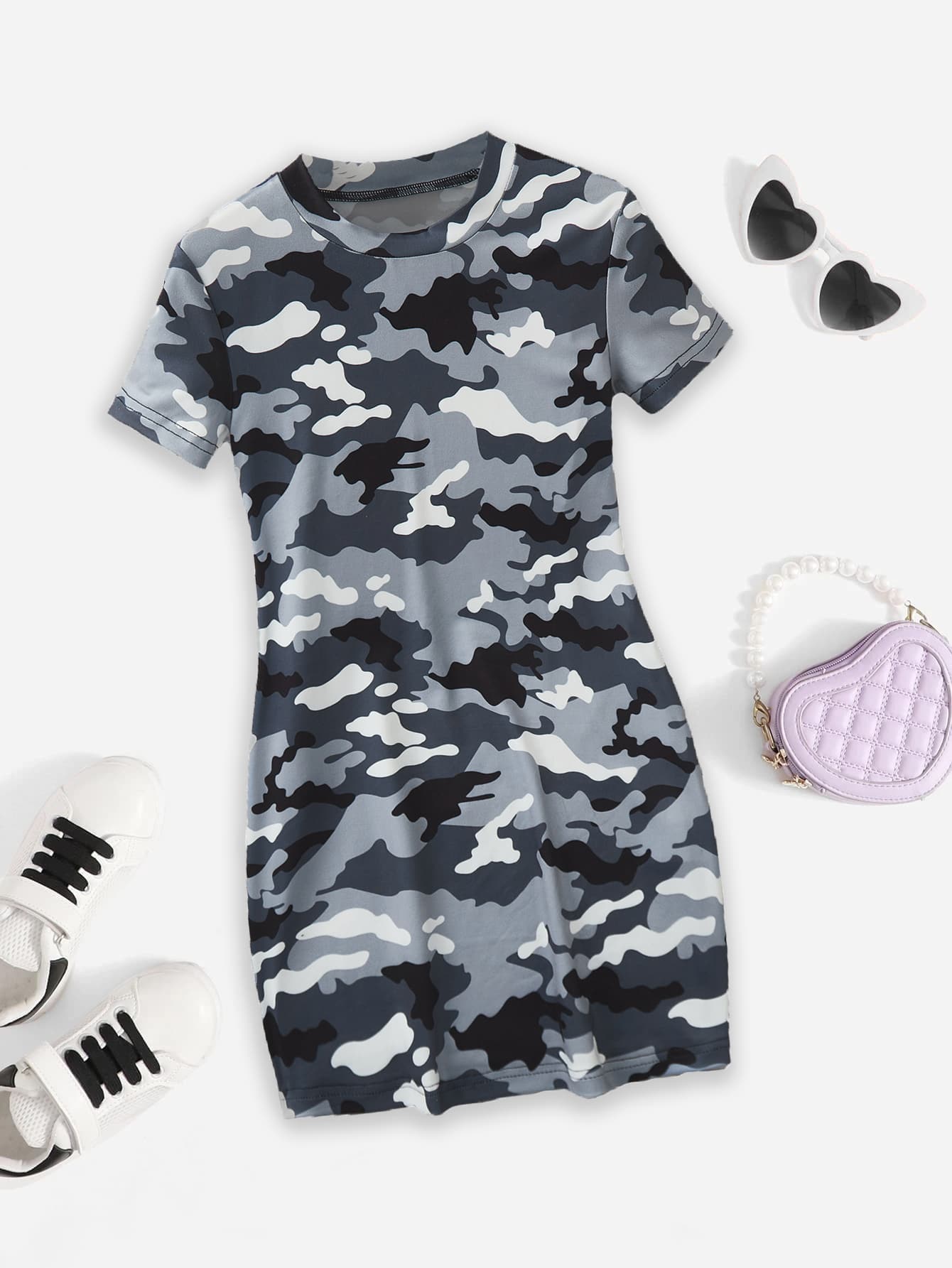 Girls Camo Print Tee Dress - Multicolor - View 1