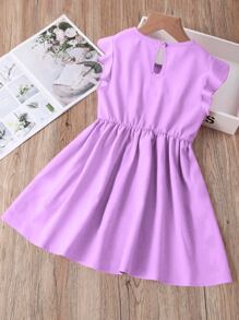 Niñitas Vestido ribete con fruncido de espalda con abertura de ojo - Morado - Ver 2