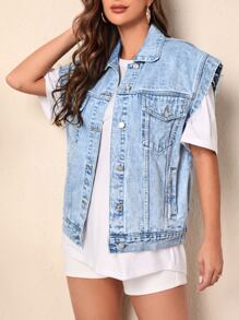 SHEIN Frenchy Cazadora mezclilla chaleco con bolsillo con solapa - Lavado ligero - Ver 4