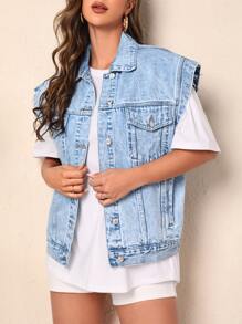 SHEIN Frenchy Cazadora mezclilla chaleco con bolsillo con solapa - Lavado ligero - Ver 5