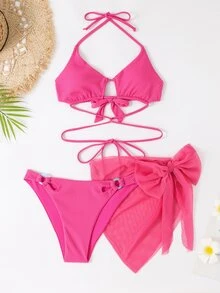 交叉式夏日沙灘比基尼套裝，附海灘裙